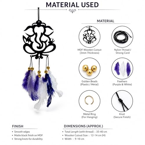 Image of Acrylic Dream Catcher Car Hanging Ornament with Purple and White Feathers - Rear View Mirror Decor for Cars, Spiritual Wall Hanging Decoration for Home, Office and Gift Use (GANESH-001)