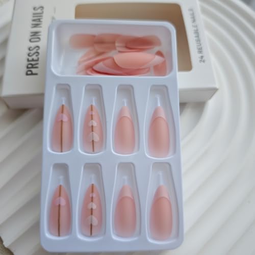Image of Pink French Tip Press on Nails Heart Fake Nails with Gold Line Design Love Glue on Nails Glossy Acrylic Full Cover Nude Pink Stick on Nail Medium Stiletto False Nail for Women Manicure 24Pcs