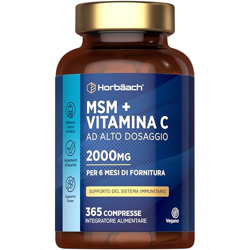 MSM Integratore 2000mg con Vitamina C | 365 Compresse Vegane per Oltre 6 Mesi | Metilsulfonilmetano con Acido Ascorbico ad Alto Dosaggio | MSM Capelli Ossa e Sistema Immunitario | Horbaach