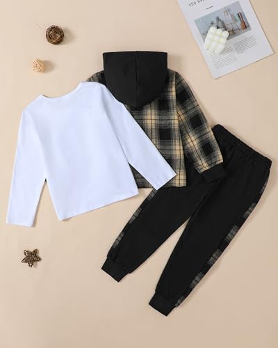 Boys Clothes Fall Winter Outfits, Toddler Kids Button Plaid Hoodie Pockets Sweatpants T-shirt Clothing Set Size 3-7T4