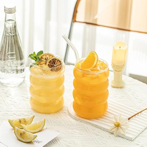 Image of Round Wave Cola Mug Can Sipper with Straw - 510ml Reusable Aesthetic Glass Tumbler for Juice, Milk, Smoothies, Iced Coffee, Tea, Water & More - Durable Drinking Cup (Round Cup Wave)