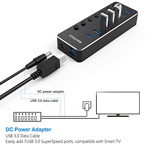 Powered Usb Hub Rshtech Type C To 7 Port Usb 3.0 Data Port Hub Expander Aluminum Portable Splitter With Universal 5V Ac Adapter And Individual On/Off Switches For Laptop And Pc(Black) #TOP6