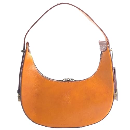 modamoda de T266 Damen Leder Vintage Halbmondtasche, 3 Modelle, handmade in Italy (Modell B - Camel/Braun)