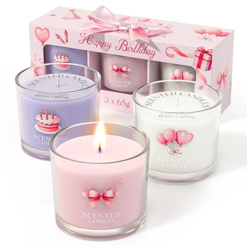 Image of CHILLFLAME Birthday Candles, Scented Candles Gift Set for Stress Relief, 3 Votive Candles for Women and Men, Birthday Candle Gifts for Women (Pink + Purple + White, 7 oz)
