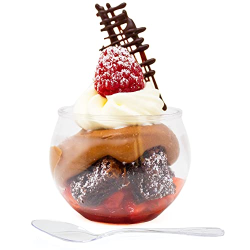 48 Pack 3oz Sphere Mini Dessert Cups With Spoons Parfait Professional-Grade Recyclable Clear Disposable Plastic Fishbowl for Parfait Desserts, Events, and Parties CMJJ