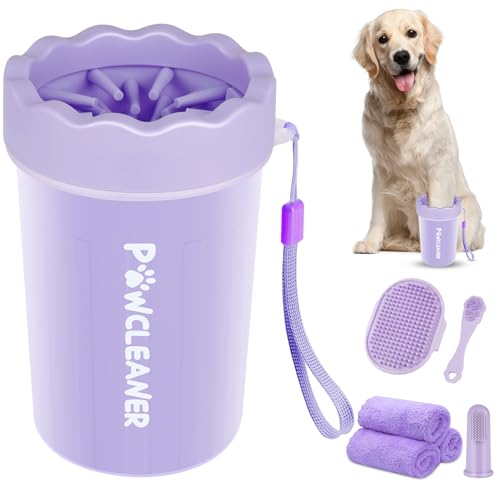 Professional 7 in 1 Dog Paw Cleaner for Dogs & Cats - Includes 1 Portable Paw Washer, 1 Bath Brush, 2 Dog Toothbrushes and 3 Absorbent Towels Note: Fits Paws 1.5 to 2.5 Inches Wide (Medium, Purple)