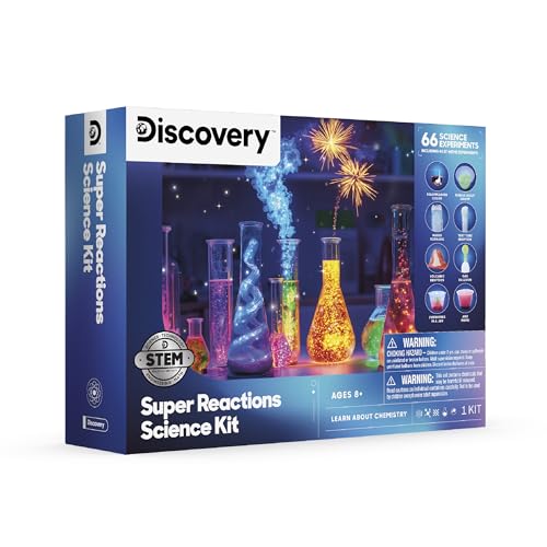 Discovery™ Super Reactions Science Kit – 66 Experiments STEM Lab for Kids| Includes Chemistry Tools, Volcano Mold, Slime, Reactions & Explosions|Educational Learning Toy|DIY Activity Set Gift| Ages 8+