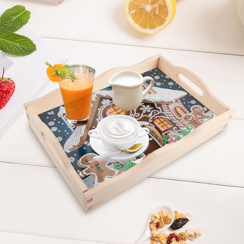 Image of Christmas DIY Diamond Art Tray with Handle Special Shaped Diamond Art Plate Creative Design Handmade Wooden Tray Mosaic Making Kits by Number Kits DIY Crafts Gift for Xmas Organizer (Christmas House)
