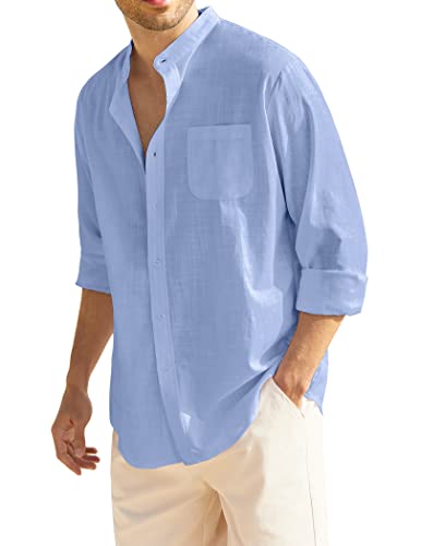 COOFANDY Men's Blue Linen Shirts Long Sleeve Band Collar Button Up Shirt Beach Summer Vacation Top with Pocket