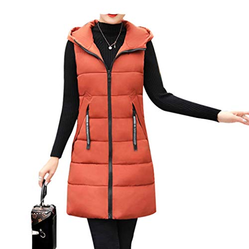 Women's Mid Long Down Vest Puffer Lightweight Down Jacket Stylish Windbreaker Warm Coat Hooded Khaki