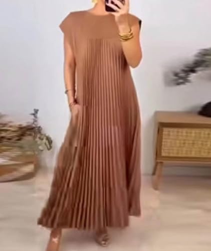 Image of SEMATOMALA Women's Pleated Short Sleeve Maxi Dress Crewneck Loose Fit Flowy Swing Long Dress with Pockets