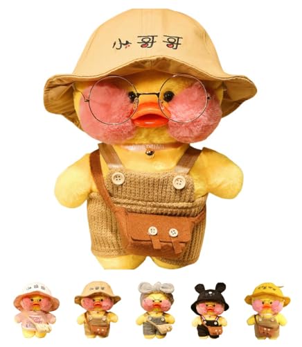 TAKEYアヒル ぬいぐるみ カワイイ 人形 ソフト おもちゃ 誕生日プレゼント ファンアヒルぬいぐるみ 人形 韓国 小さい かわいい 黄色 アヒル人形 子供 女の子 (30cm,リトル・ブラザー・ハット ライトブラウン・セーター ブラウン・バッグ部門)