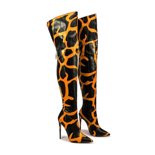 Image of Thigh high boots for women striped Back zipper Burgundy Zebra Print Over the knee Sexy gold white pointed toe Cow Print leopard Magenta stiletto heel