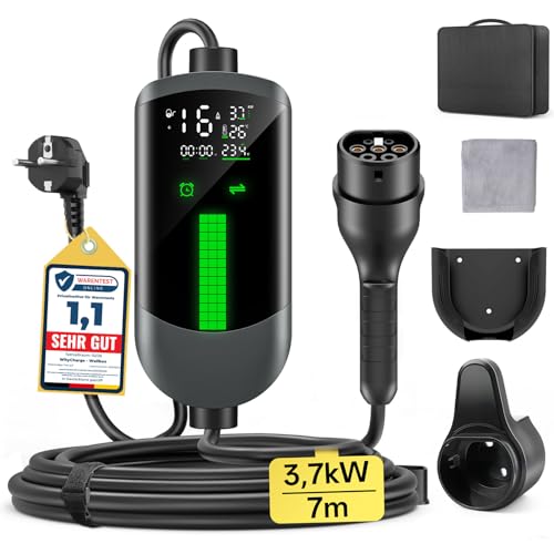Cargador Coche Electrico Wallbox 3,7kW   7M/6 16A Monofasico Cable carga coche electrico, Cargador Tipo 2 EV Charger Portátil, LCD Pantalla, Controlable, IP65, para Mayoría EVs(IEC 62196 2) & PHEVS