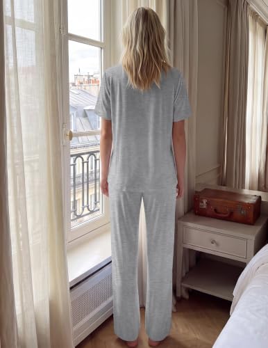 Image of HNG Women Pajamas Set 2 Piece Button Up Pajamas Pant and Short Sleeve Shirt for Woman Pj Sets with Pocket