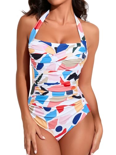 Smismivo Tummy Control Swimwear Halter One Piece Slimming Vintage Retro Swimsuit Womens Ruched Push Up Bathing Suit