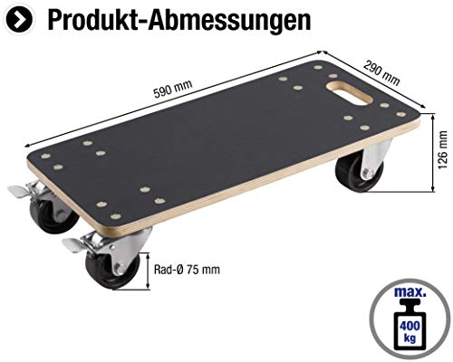 Metafranc Transportroller Tragkraft Siebdruckplatte PA Räder, Möbelroller mit Bremse, Transporthilfe für Umzug Rollwagen für Möbel Transport Kistenroller aus Holz 822000, 590 x 290 mm, 400 kg