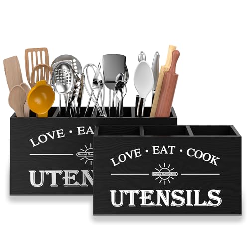 Natural Summertime 2pc kitchen utensil rack, countertop wooden utensil sorting rack, storage rack, farmhouse style cooking utensil rack with partition (Black) (Black)