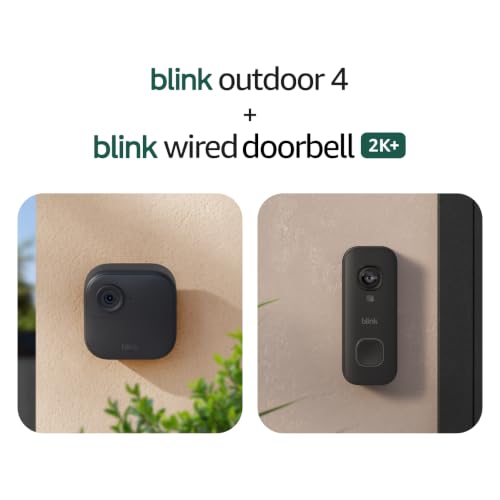 Image of Blink Outdoor 4 and Wired Doorbell 2K+ (newest model) - Two-year battery 1080p cameras and 2K hardwired doorbell. Sync Module Core included - 2 Cameras + Doorbell (Black)