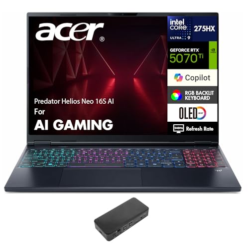 Image of acer Predator Helios Neo 16S AI AI Gaming Laptop 16.0 inch WQXGA (Intel Ultra 9-275HX, GeForce RTX 5070 Ti 12GB, 32GB DDR5, 1TB PCIe SSD, Win 11 Pro) w /USB-C Dock