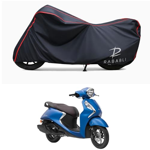 Image of Waterproof Bike Body Cover Compatible for | Yamaha Fascino 125 BS6 | Taffeta Fabric, Red Piping Design, Bottom Elastic Fit | Dustproof, Sun UV & Rain Protection for All Bikes