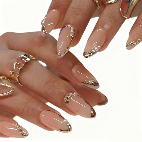 24Pcs Press on Nails Almond Shape - White French Tip with Gold Li...
