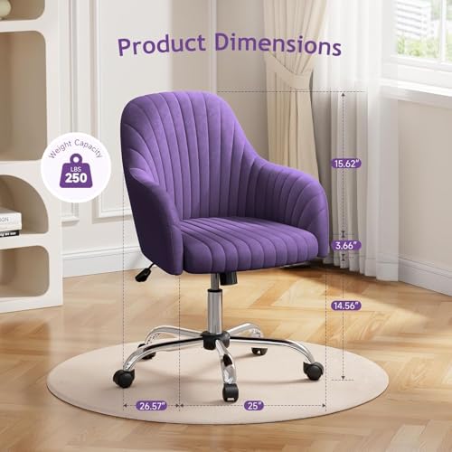 Image of Velvet Desk Chair for Home Office, Adjustable Swivel Task Chair Modern Computer Vanity Chairs with Arm Rest for Bedroom Living Room Make-up Room (Purple)