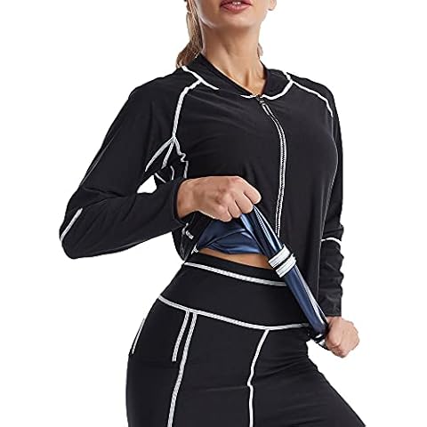 LAZAWG Sauna Suit for Women Sweat Jacket Gym Workout Shirt Full Shapewear Zipper Long Sleeve Weight Loss Exercise Tank Top Slimming Fitness Trainer Cover