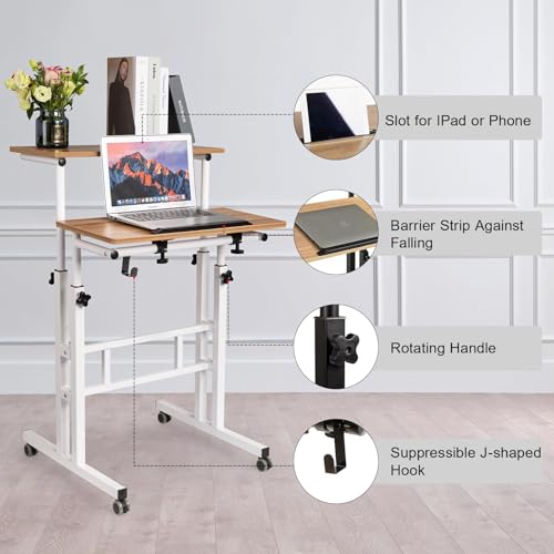 Image of Hadulcet Mobile Standing Desk with Charging Station, Adjustable Standing Computer Desk, Standing Adjustable Laptop Cart with Wheels for Home Office Classroom Vintage Oak