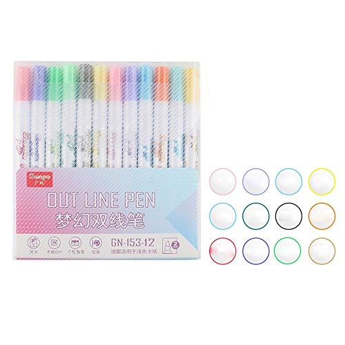 Sproud Outline Pens, Glitter Pens for Kids, Metalic Marker Pens, Doodle Dazzles Shimmer Marker Pens Set, 12 Colors Double Line Paint Permanent Marker Pens for Gift Card (2mm)