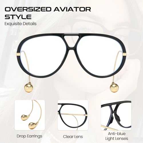 Image of SODQW Oversized Aviator Blue Light Blocking Glasses Women with Earring Trendy Large Big Double Bridge Designer Eyewear