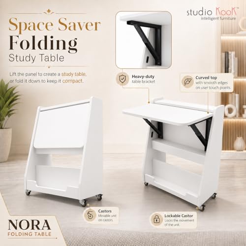Image of Studio Kook Nora Folding Table (Study Table, Multipurpose Desk with Wheels, Engineered Wood, Matte Finish) (Moonshine White)
