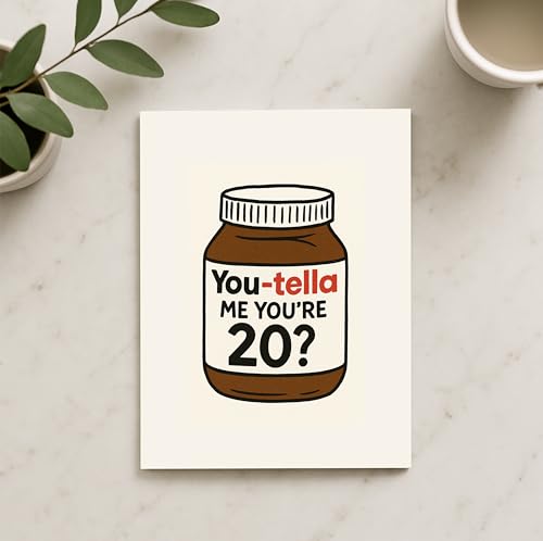 Divertida tarjeta de cumpleaños número 20, diseño de parodia You-tella Nutella, tarjeta de felicitación