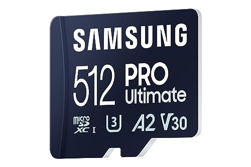 Image of SAMSUNG PRO Ultimate microSD Memory Card + Adapter, 512GB microSDXC, Up to 200 MB /s, 4K UHD, UHS-I, Class 10, U3,V30, A2 for Action Camera, Drone, Gaming, Phones, Tablets, MB-MY512SA /WW
