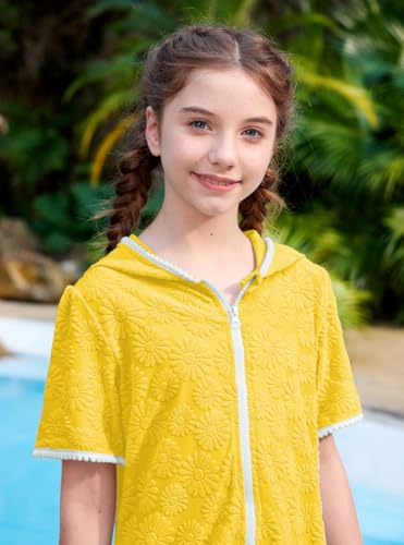 Image of BesserBay Girls Summer Beach Quick Dry Cover Up Ruffle Hem Terry Smocked Hooded 4-14 Years with Pockets