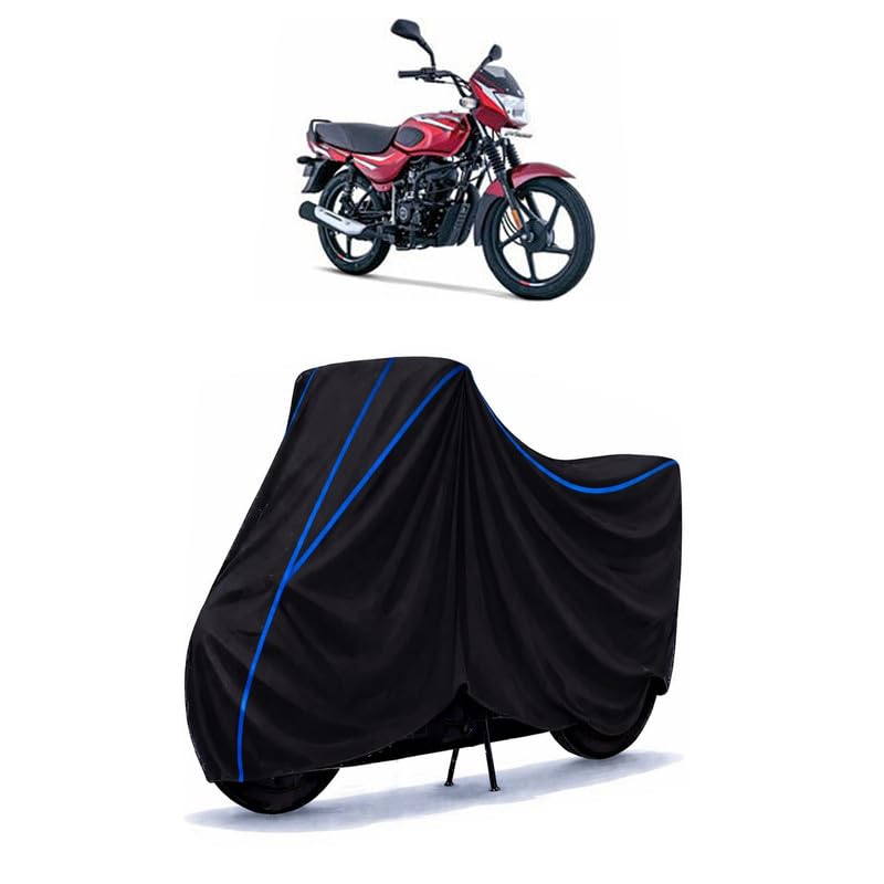 Image of Bajaj Platina Bike Cover Water Resistant Universal Motorcycle Rain | Heavy Duty UV Protection, Dust, Scratch Indoor Outdoor All Weather with Black Blue Piping Elastic