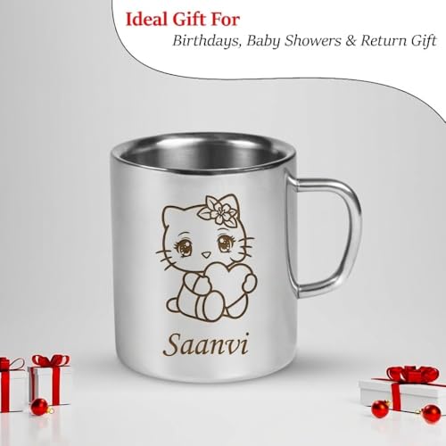 Image of SAVRI Personalized Stainless Steel Mug for Kids with Customized Name Engraved & Cartoon Design | 220 ml Double Wall Insulated Mug for School, Milk, Juice & Water