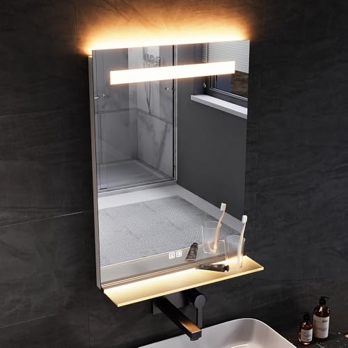 SONNI LED Badspiegel mit Ablage 50x70 cm Touch Badezimmerspiegel mit Steckdose 3 Lichtfarben Anti-Beschlag & Gedächtnisfunktion