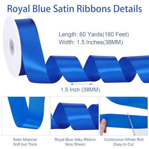 Image of woric Royal Blue Ribbon 1 1 /2 Inch 60 Yards Blue Satin Ribbons | Graduation Leis Flower Roses Bouquet Bows Making Gift Wrapping Birthday Party Decorations