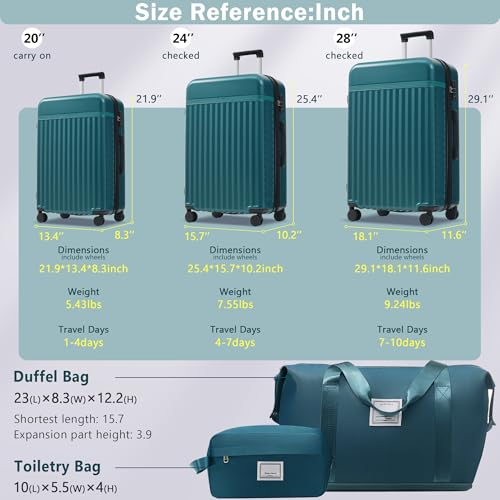 Luggage Set 5 Piece with Travel Bags, Hardside Suitcase Set Expandable 20/24/28 inch with TSA Lock & Spinner Wheels for Adults Men Women(Dark Green, 5 Piece)2