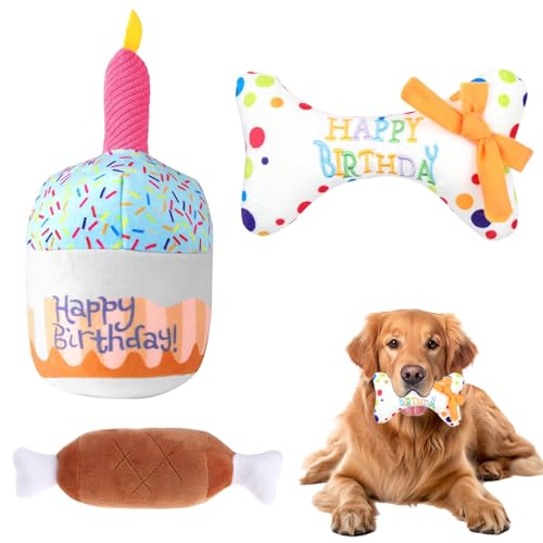 AYSYR 3 Stück Hundekuchen Geburtstag Spielzeug Set,Welpenspielzeug Quietschendes Plüschtier,Welpen Zubehör Geburtstagsknochen,Dog Toys Geburtstagsparty-Zubehör,Hunde Spielzeug Kauspielzeug