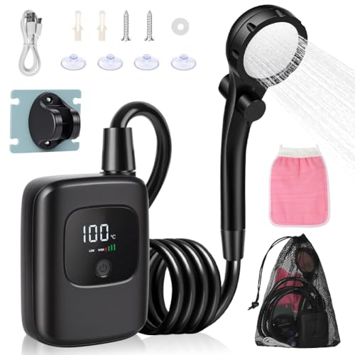 AUAUY Kit Douche de Camping, Camping Douche Portable Rechargeable 3600mAh, avec Afficheur Intelligent et Pomme de Douche 4 Modes pour Extérieure, Camping, Randonnée
