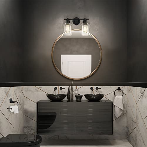 Image of Globe Electric 3-Piece Powder Room Set, Matte Black, 2-Light Vanity with Clear Glass Shades and Matching Hardware, 51850