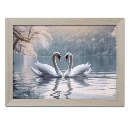 Image of TenorArts Swan Love Birds Photo Frame Vastu Positivity Aesthetic Wall Painting Lucky Couple Art Frames with White Wooden Texture for Living rooms Office Bedroom - Wall Paintings / Hangings (12inches x 9inches)