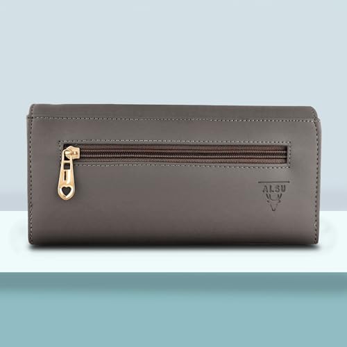 Image of ALSU Women's Hand Wallet Purse Clutch | Phone Pocket | Coin Compartment | Credit Card Slots| Zipper Pocket| Office use| Casual use| Faux Leather (Grey)