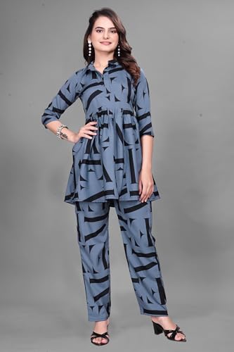 Image of Women Crepe 3 /4 Sleeves V Neck Cord Set Featuring Floral Pattern Design 2 Piece Ethnic Wear Set