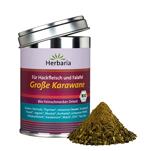 Herbaria Große Karawane bio 90g M-Dose - fertiges Bio-Gewürzsalz für orientalische Hackfleischgerichte und vegane Varianten wie Falafel oder Bratlinge - in nachhaltiger Aromaschutz-Dose Cover