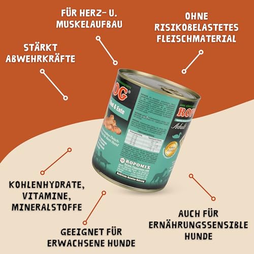 ROPODOG Hundefutter Nassfutter 6×800 g für Erwachsene Hunde Aller Rassen Premium Qualität getreidefrei, proteinreich, gut verträglich – Vollnahrung im Vorratspack (Rind & Ente)