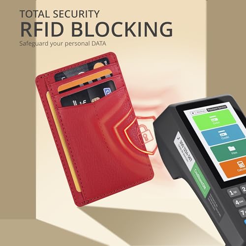Image of Oak Leathers Leather Slim Minimalist Wallet for Men & Women RFID Front Pocket Leather Card Holder Wallets (Nappa Red)