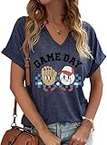 Baseball Shirts Women Baseball Mom Tshirt Baseball Game Day Graphic Tee Funny Short Sleeve Tops(V/Game Navy, XL)